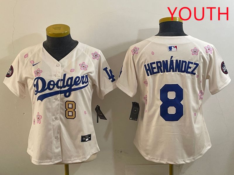 Youth Los Angeles Dodgers 8 Hernandez Cream Sakura Edition 2025 Nike MLB Jersey style 8